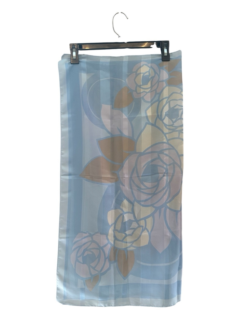 Vintage Blue Floral Sheer Scarf with Rose and Tan Accents